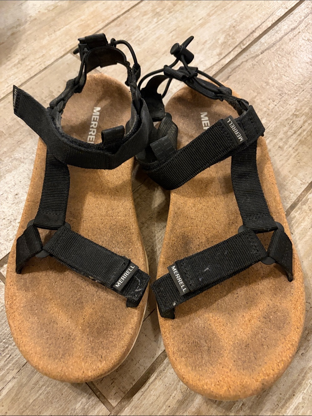 Merrell Black Strappy Cork-Style Footbed Sandals